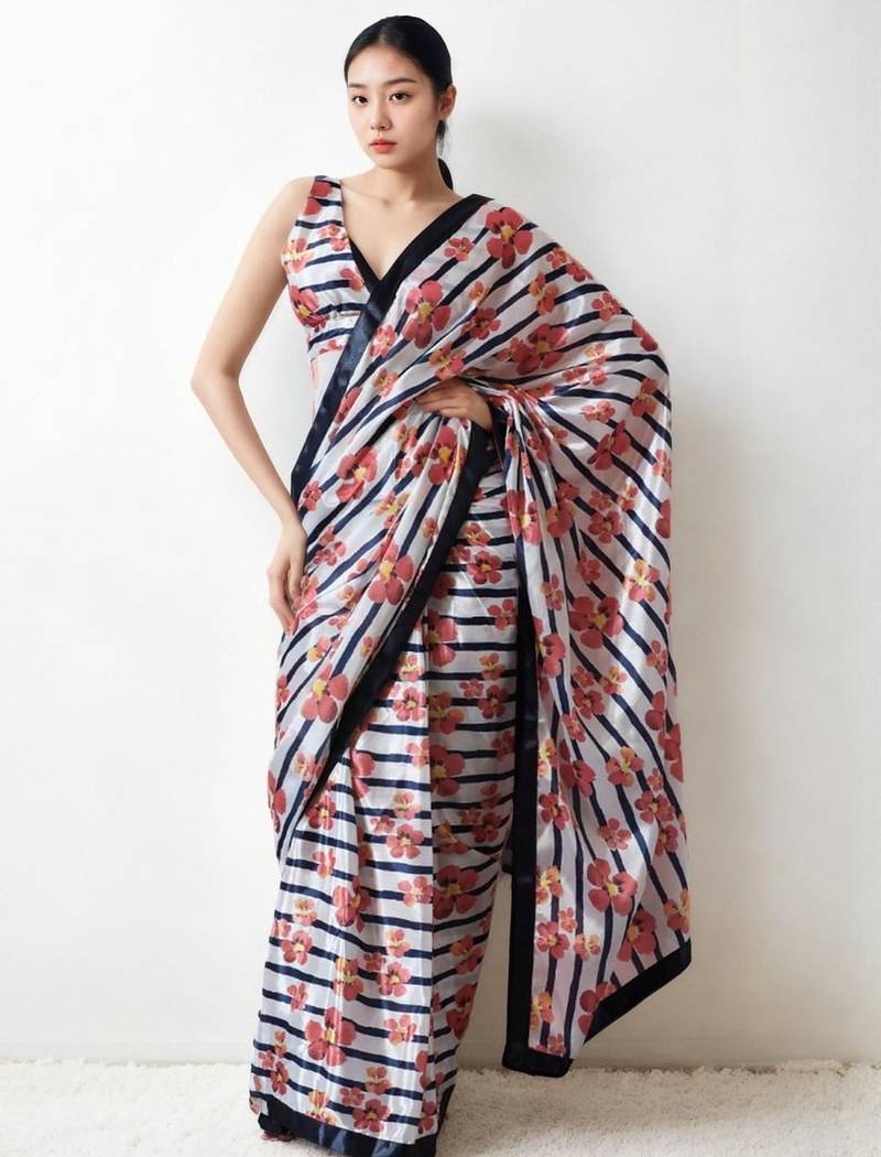 Peach floral printed ready to wear saree