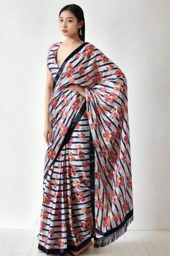 Peach floral printed ready to wear saree