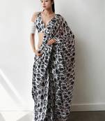 White women printed ready to wear saree with unstitched blouse piece