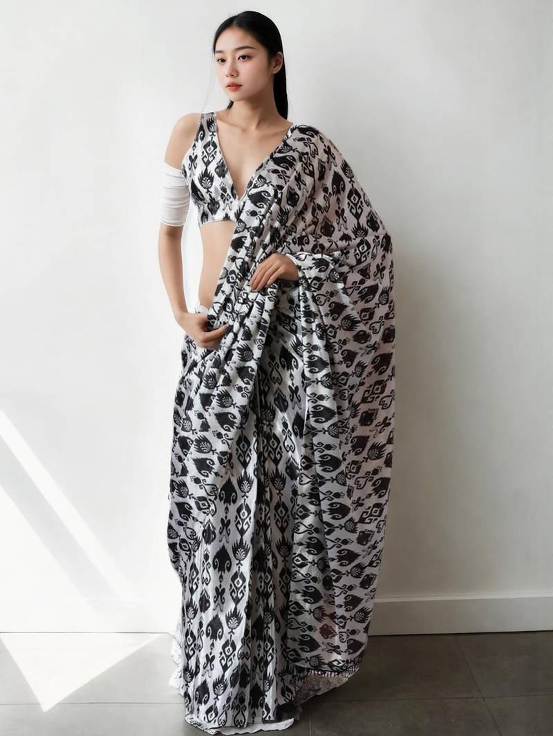 White women printed ready to wear saree with unstitched blouse piece