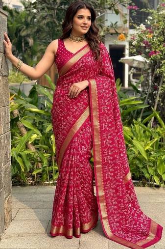 Maroon printed woven cotton sarees