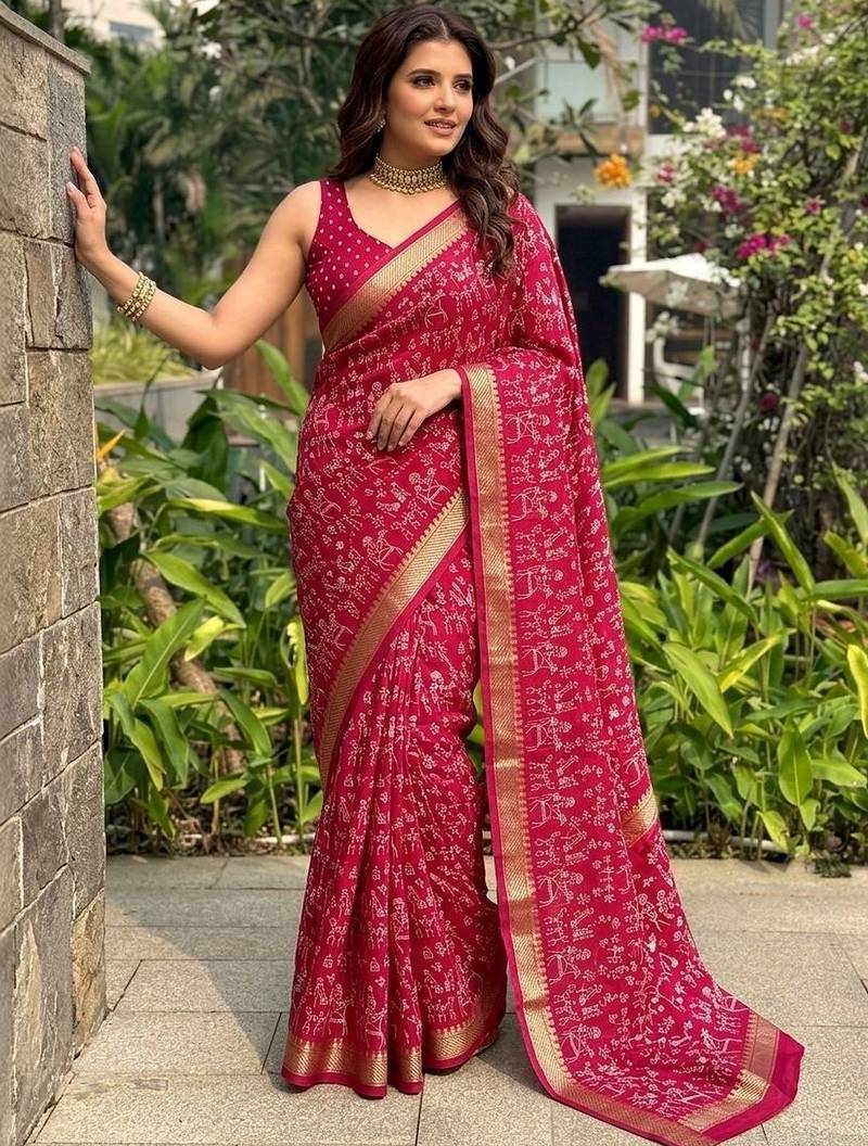 Maroon printed woven cotton sarees