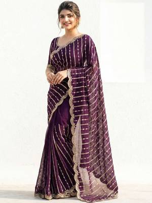 Purple embellished zari satin heavy work saree 1