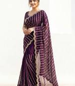 Purple embellished zari satin heavy work saree