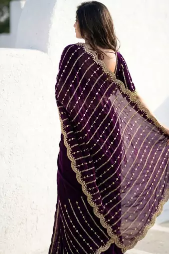 Purple embellished zari satin heavy work saree