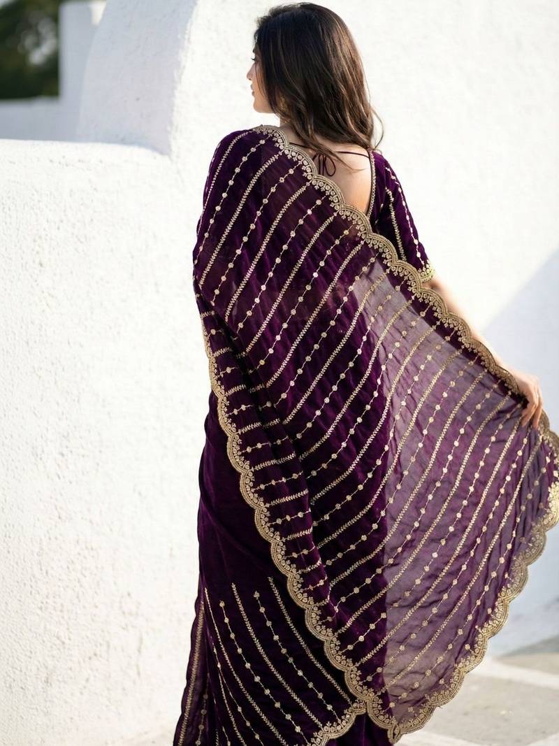 Purple embellished zari satin heavy work saree
