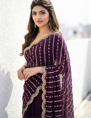 Purple embellished zari satin heavy work saree 3