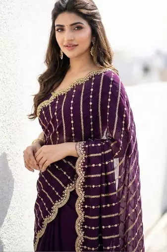 Purple embellished zari satin heavy work saree