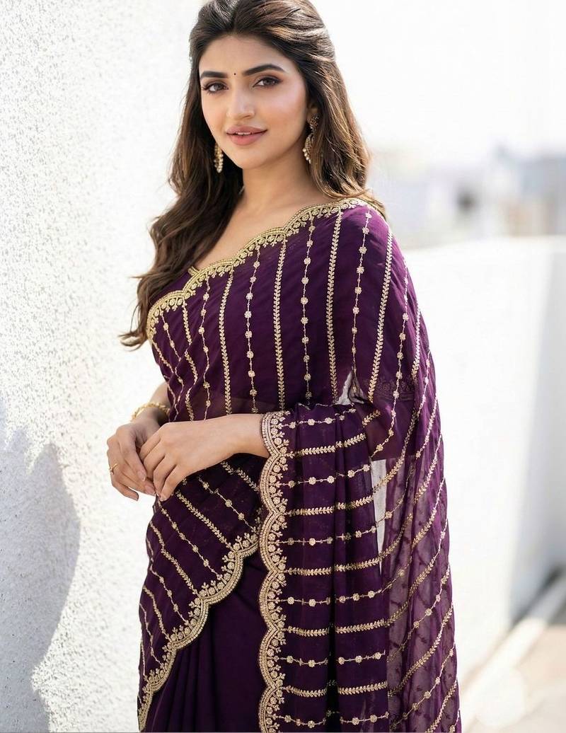 Purple embellished zari satin heavy work saree