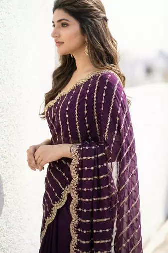 Purple embellished zari satin heavy work saree