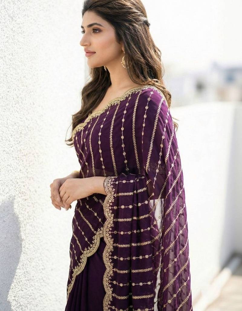 Purple embellished zari satin heavy work saree