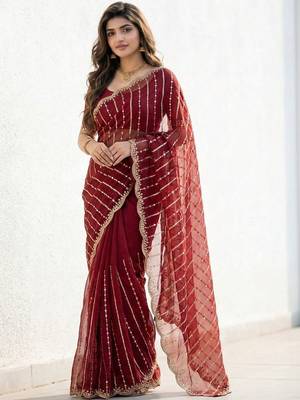 Maroon embellished zari satin designer saree 1