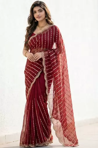 Maroon embellished zari satin designer saree