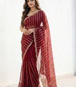 Maroon embellished zari satin designer saree