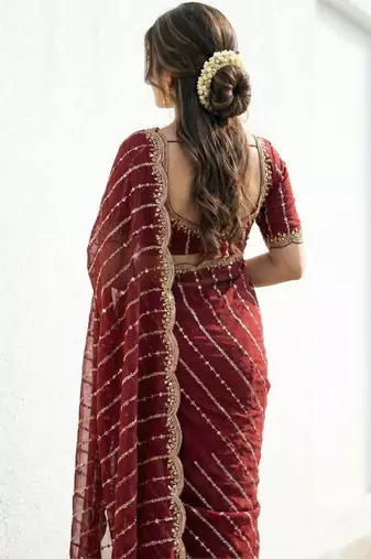 Maroon embellished zari satin designer saree