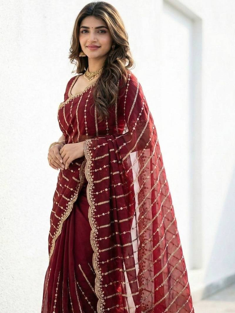 Maroon embellished zari satin designer saree