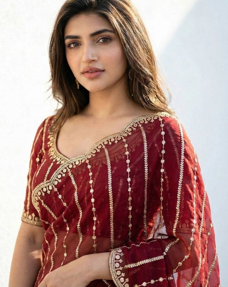 Maroon embellished zari satin designer saree