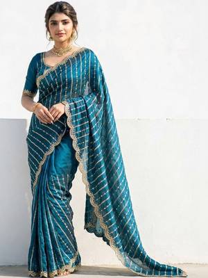 Blue embellished embroidered satin designer saree 1