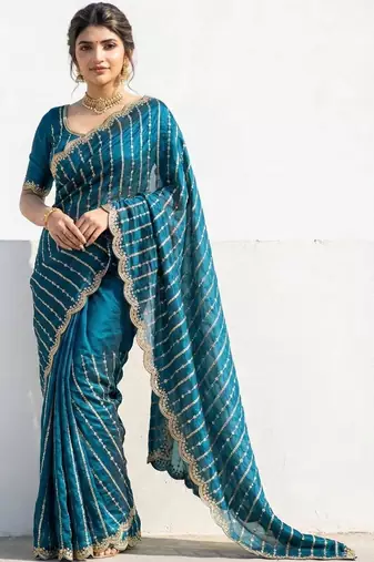 Blue embellished embroidered satin designer saree