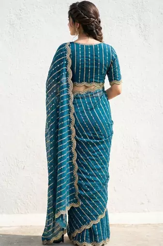 Blue embellished embroidered satin designer saree