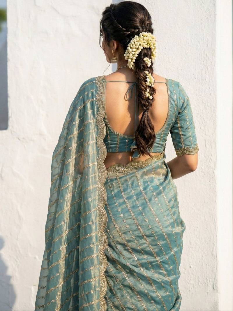 Teal embellished zari satin heavy work saree