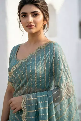 Teal embellished zari satin heavy work saree