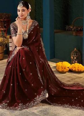 Maroon paisley embroidered satin designer saree 2