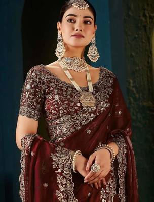 Maroon paisley embroidered satin designer saree 3
