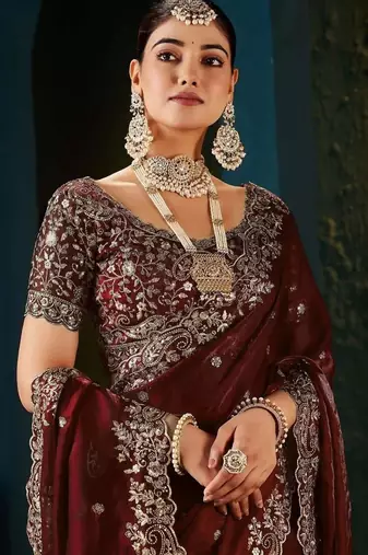 Maroon paisley embroidered satin designer saree