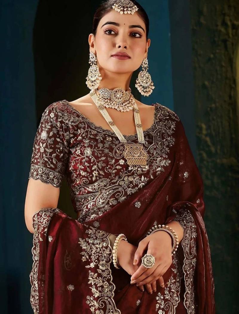 Maroon paisley embroidered satin designer saree