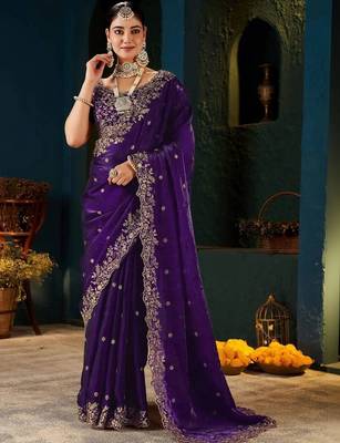 Purple paisley embroidered satin designer saree 1