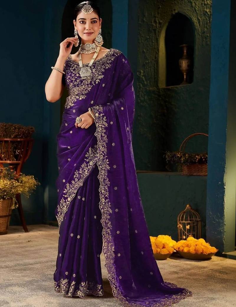 Purple paisley embroidered satin designer saree