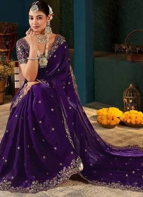 Purple paisley embroidered satin designer saree 2