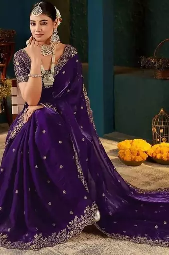 Purple paisley embroidered satin designer saree
