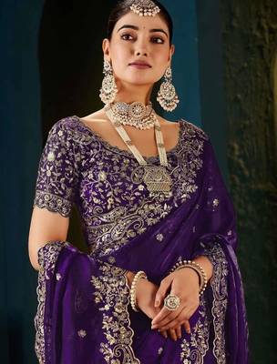 Purple paisley embroidered satin designer saree 3