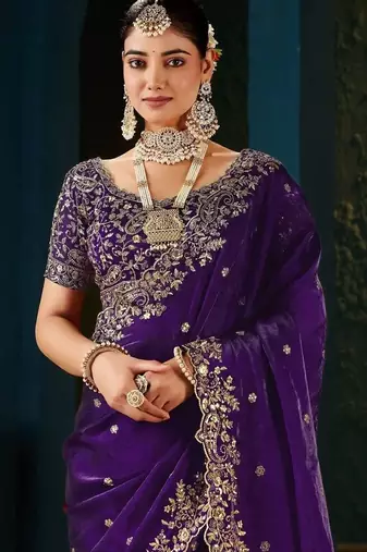 Purple paisley embroidered satin designer saree