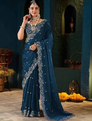 Navy blue paisley embroidered satin designer saree 1