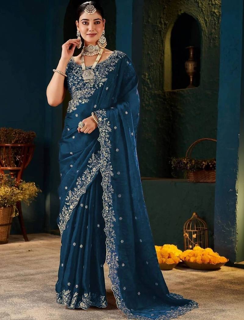 Navy blue paisley embroidered satin designer saree