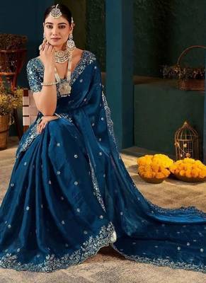 Navy blue paisley embroidered satin designer saree 2