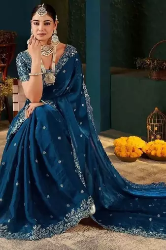 Navy blue paisley embroidered satin designer saree