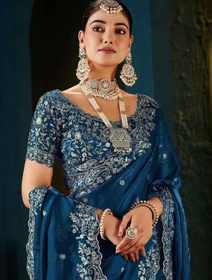 Navy blue paisley embroidered satin designer saree 3