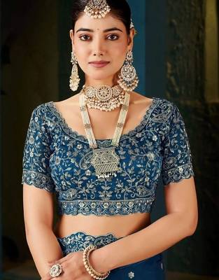 Navy blue paisley embroidered satin designer saree 4