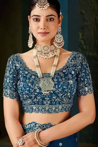Navy blue paisley embroidered satin designer saree