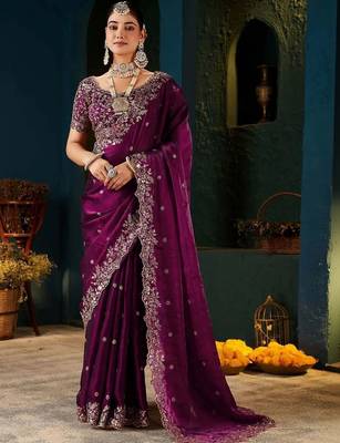Purple paisley embroidered satin designer saree 1