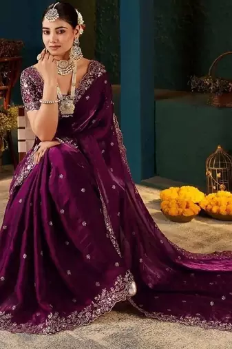 Purple paisley embroidered satin designer saree