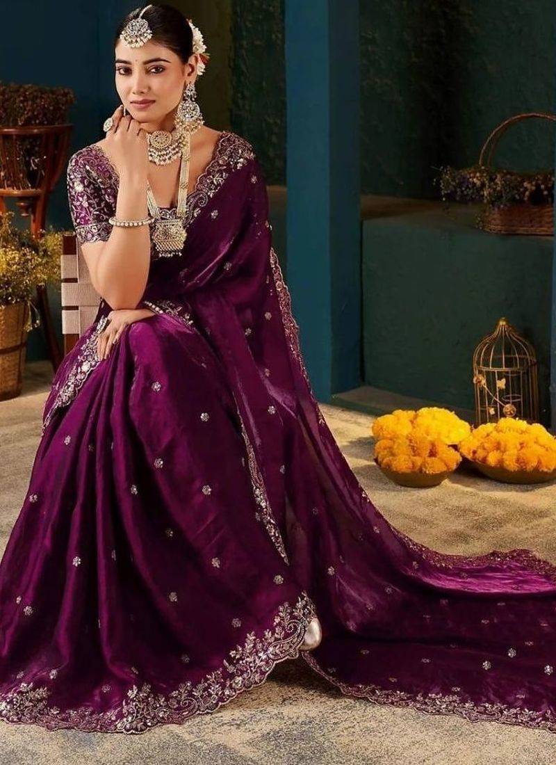 Purple paisley embroidered satin designer saree
