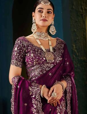Purple paisley embroidered satin designer saree 3
