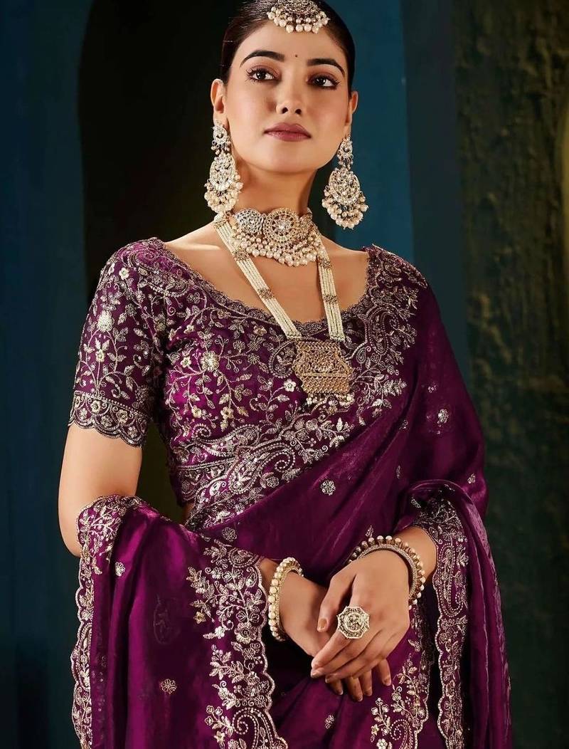 Purple paisley embroidered satin designer saree