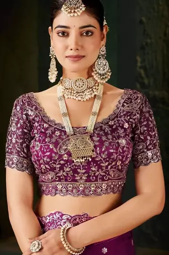 Purple paisley embroidered satin designer saree