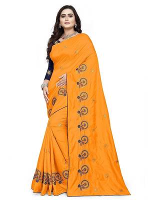Yellow yellow & blue floral embroidered silk blend  jamdani saree 1